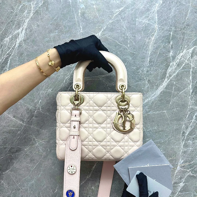 Contemporary Christian Dior handbags with a unique shapeLady Small Lambskin Charm ABC Powder Pink GHW