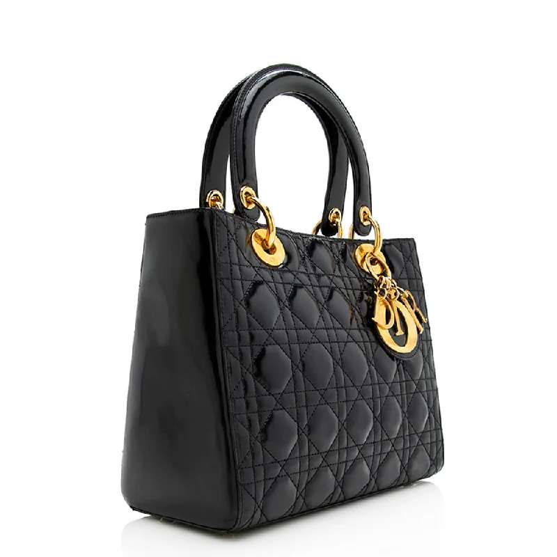 Christian Dior bags with a zip - top closure and multiple compartmentsDior Patent Leather Lady Dior Medium Tote (SHF-20993)