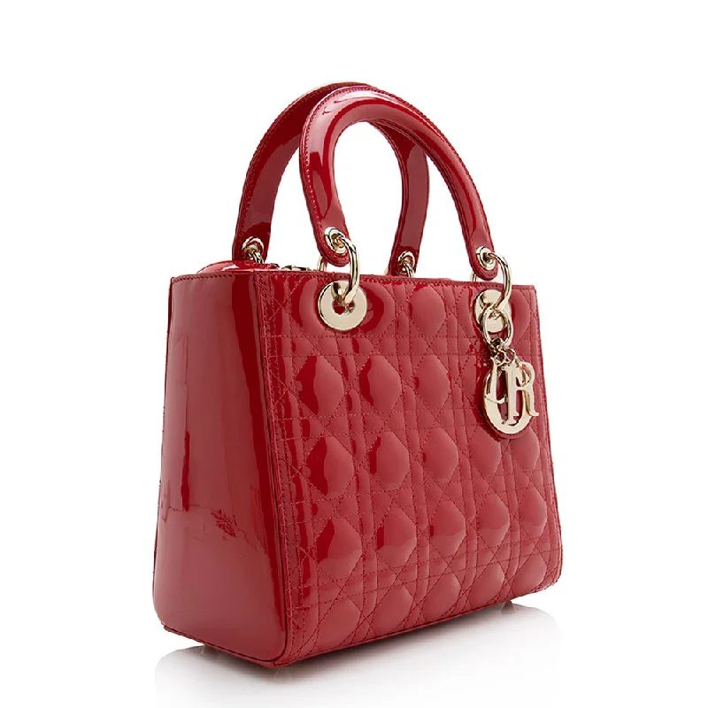 Christian Dior bags with a quilted pattern and gold - toned hardwareDior Patent Leather Lady Dior Medium Tote (SHF-22059)