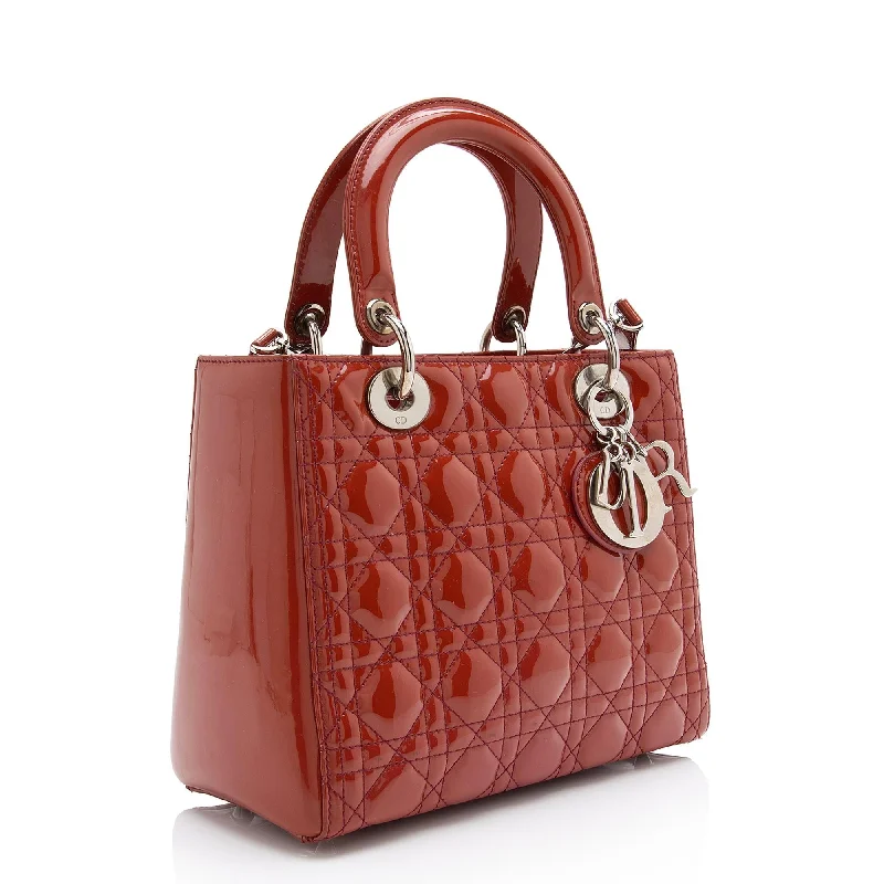 Contemporary Christian Dior handbags with a unique shapeDior Patent Leather Lady Dior Medium Tote (SHF-23564)