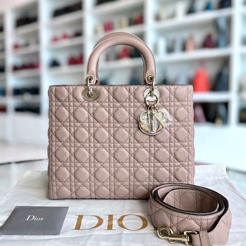 Christian Dior handbags with a detachable mirror for on - the - go touch - ups*Flap, Grained Calfskin* Lady Large Grained Calfskin Nude Pink Blush LGHW