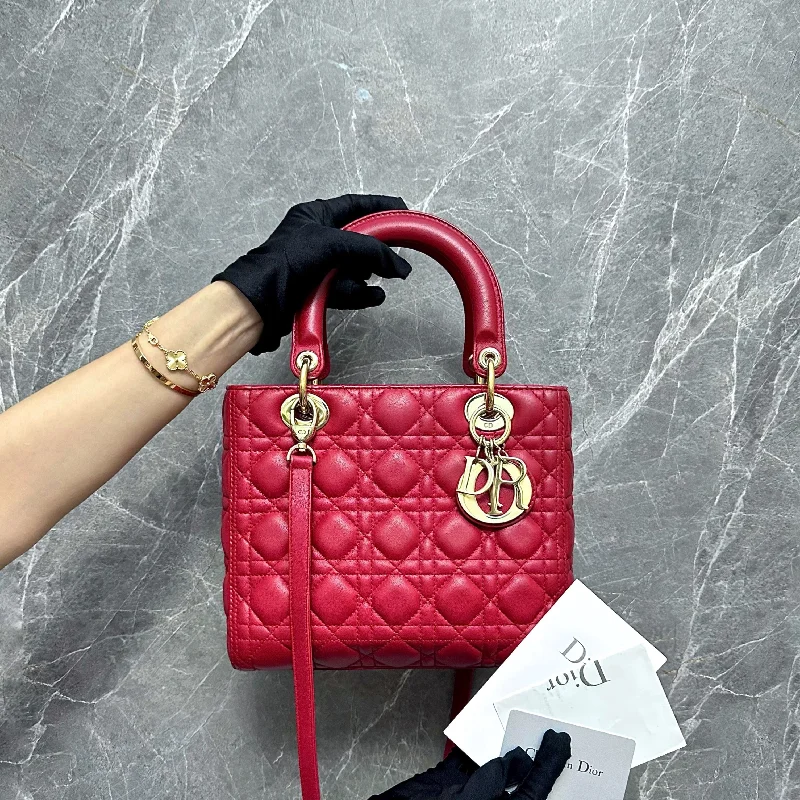 Christian Dior Saddle bags with a studded trim for a bold look*Receipt* Lady Medium Lambskin Red GHW