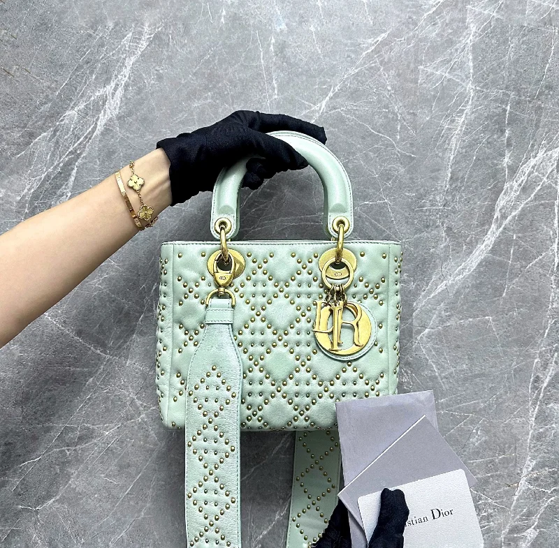 High - fashion Christian Dior bags with a geometric pattern*Small* Lady Small Studded Soft Lambskin Limited Edition Green GHW